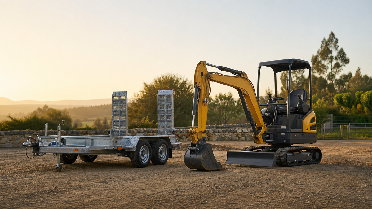 Mini-pelle compacte et remorque porte-engin sur un chantier au coucher du soleil