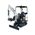 Mini-pelle Bobcat E17 CAN blanche et noire sur chenilles avec lame de remblayage, disponible chez Ma boutique