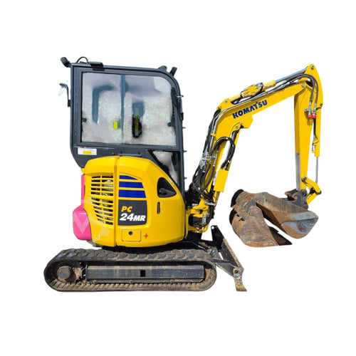 Mini-pelle Ma boutique Komatsu PC24MR-5 jaune sur chenilles avec godet, idéale pour travaux de terrassement.