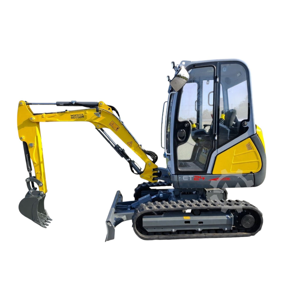 Mini-pelle Ma boutique Wacker Neuson ET24 jaune avec cabine vitrée et chenilles sur fond blanc
