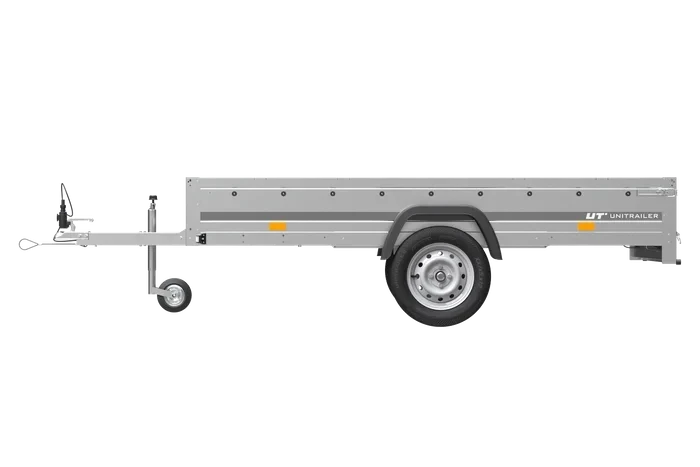 Remorque utilitaire Ma boutique UNITRAILER en acier galvanisé avec ridelles latérales et roue jockey