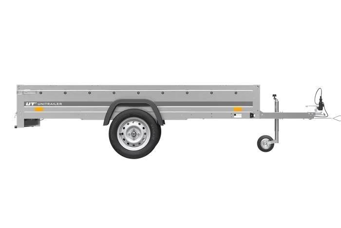 Remorque utilitaire Ma boutique UNITRAILER en acier galvanisé avec ridelles latérales et roue jockey