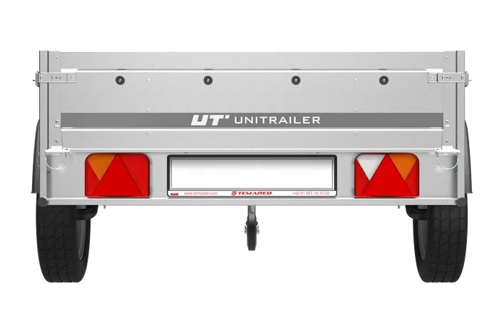 Vue arrière de la remorque utilitaire Ma boutique UNITRAILER en acier galvanisé avec feux de signalisation